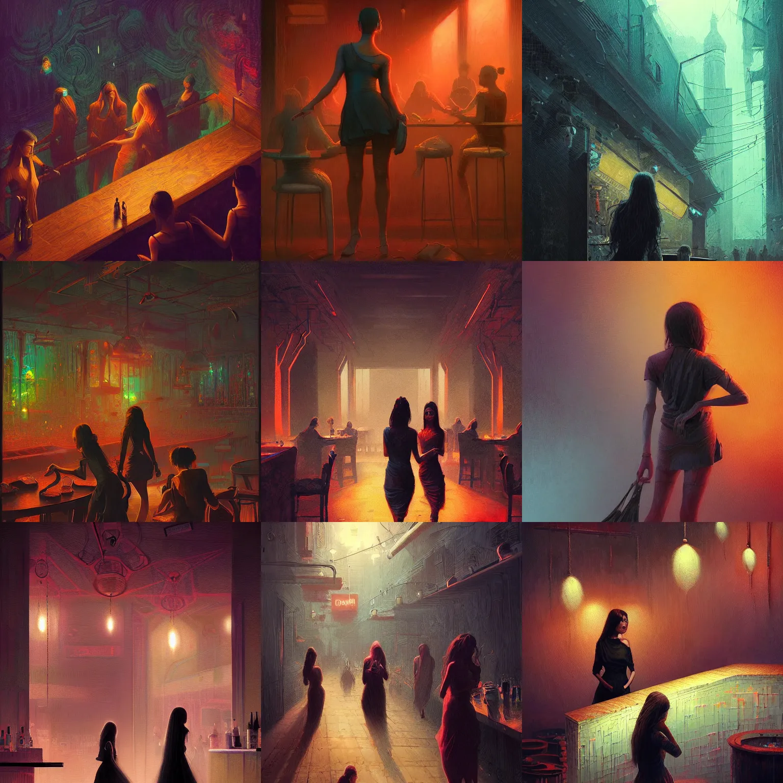 Prompt: trending on artstation, illustration, fantastically beautiful, aesthetically inspired by beksinski and dan mumford, dynamic lighting, sensual beautiful delhi girls wearing western little black dresses at the bar inside a busy nightclub, by inyi han and greg rutkowski vibrant colours, digital art, art by greg rutkowski, winning award masterpiece, epic scene