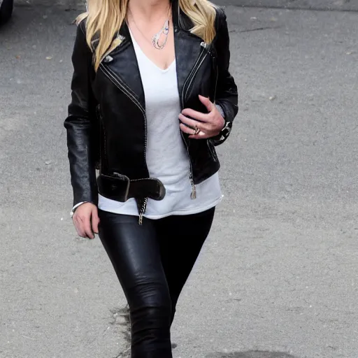 Prompt: Sarah Michelle Gellar wearing a black leather jacket and a silver cross around her neck in GTA 5