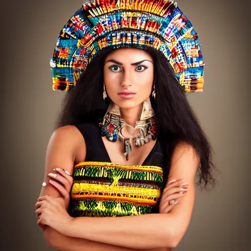 Image similar to studio photo of an aztec glamour supermodel, gorgeous professional ancient aztec female model, bokeh