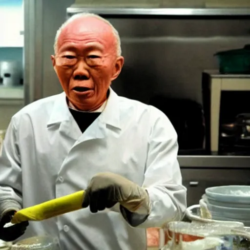 Image similar to A still of Lee Kuan Yew as Walter White cooking meth in in Breaking Bad (2008)