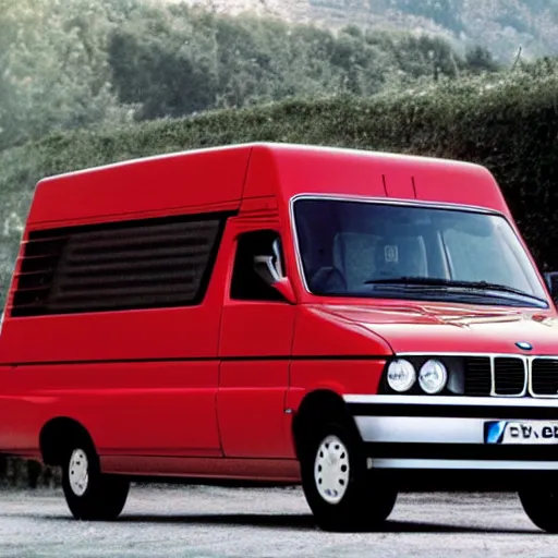 Image similar to A commercial van designed and produced by BMW, with 1988 M3 E30 design elements, promotional photo