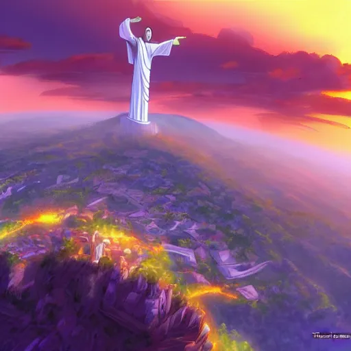 Image similar to Christ the Redeemer smiling, animation, anime, cartoon, concept art