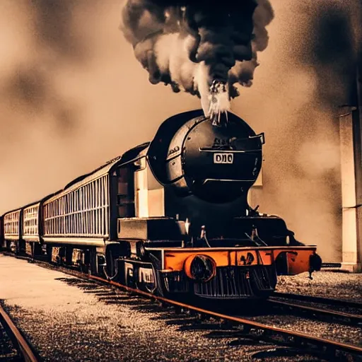 Image similar to train with steam locomotive leaving the station, dramatic cinematic angle and lighting, low key slow shutter