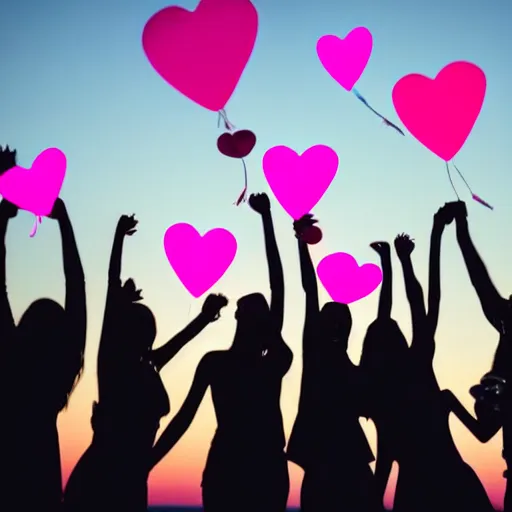 Image similar to silhouette of silly young women at a party having fun and holding balloons with pink hearts in the air