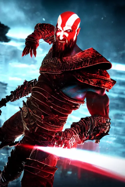 Prompt: red left eye stripe, armored screaming kratos rocking out on a flaming stratocaster guitar, cinematic render, god of war 2 0 1 8, playstation studios official media, lightning, flames, clear, coherent