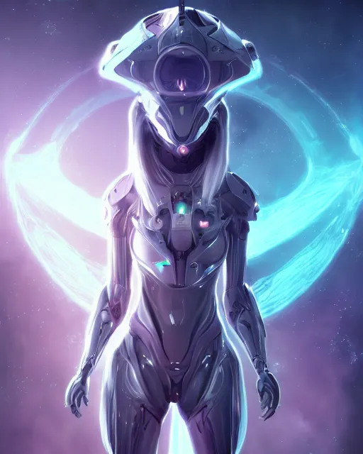 Image similar to perfect android girl on a mothership, warframe armor, beautiful face, scifi, futuristic, galaxy, nebula, raytracing, dreamy, long white hair, blue cyborg eyes, sharp focus, cinematic lighting, highly detailed, artstation, divine, by gauthier leblanc, kazuya takahashi, huifeng huang