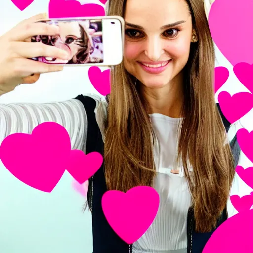 Image similar to a highly detailed college girl that looks like Natalie Portman taking a picture of herself trying to be an influencer with cute pink hearts in the air