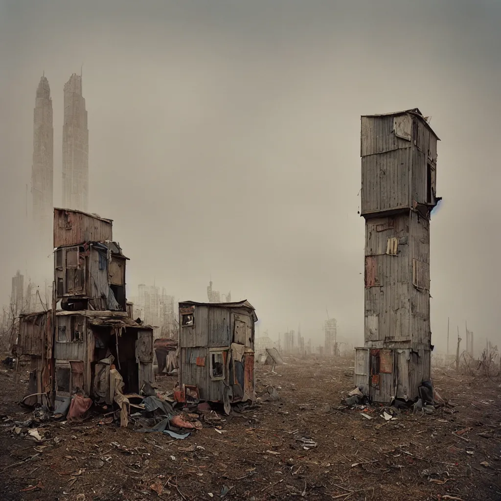 Image similar to two towers, made up of makeshift squatter shacks with faded colours, apocalyptic sky, uneven fog, dystopia, mamiya rb 6 7, fully frontal view, ultra sharp, very detailed, photographed by julie blackmon