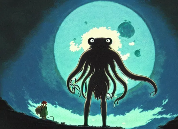 Image similar to a still from a studio ghibli movie of a cartoon cthulhu from princess mononoke ( 1 9 9 7 ), in front of a pale full moon, full body, wide shot, very dull muted colors, studio ghibli, highly detailed, deviantart, art by artgem