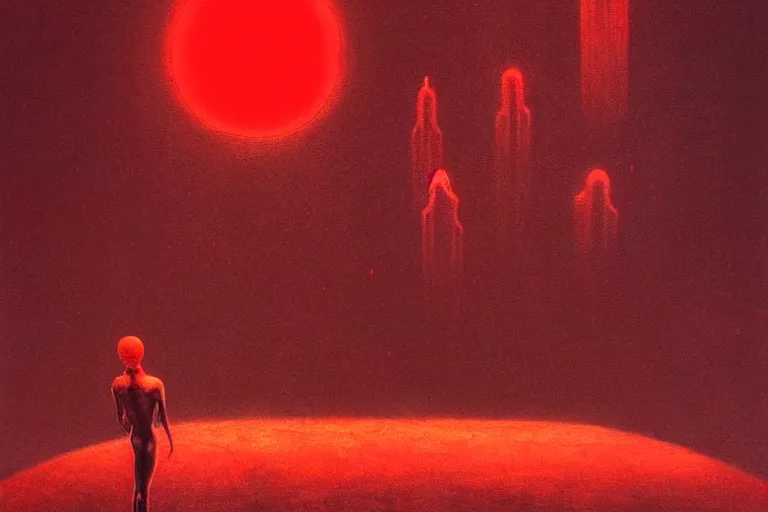 Image similar to only with red, a red god of death eat apple, a futuristic city on mars in background, floor are worms, in the style of beksinski, part by hopper, part by rodcenko, part by hofbauer, intricate composition, red by caravaggio, insanely quality, highly detailed, masterpiece, red light, artstation