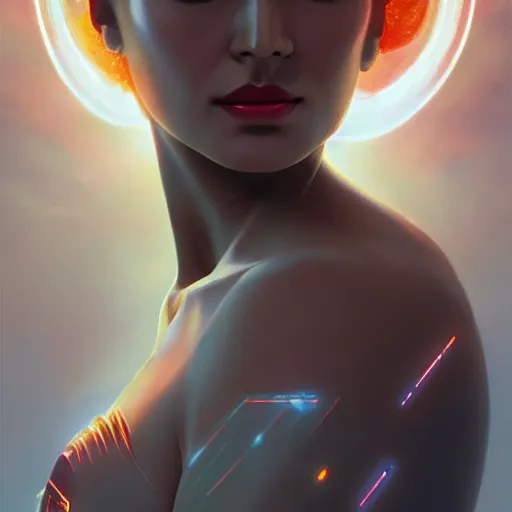 Image similar to head and shoulders portrait of modern darna, glowing translucent hologram of an ai woman, intricate, elegant, dark vibes, highly detailed, digital painting, artstation, glamor pose, concept art, smooth, sharp focus, illustration, art by wlop, mars ravelo and greg rutkowski