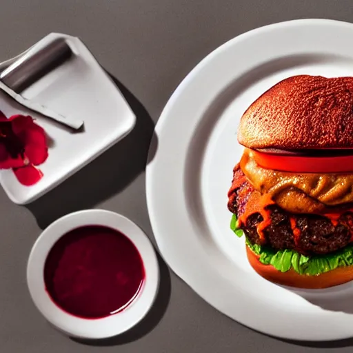 Image similar to Fast Food commercial photograph of a Sweat potato burger with a sweet cinnamon bun and velvet sauce, topped with hibiscus flower