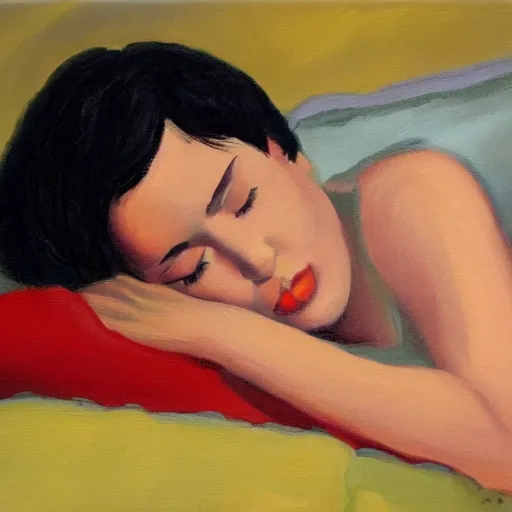 Prompt: nice girl with short black hair in bed, before going to sleep, oil on canvas.