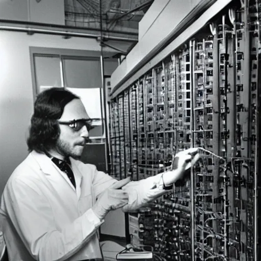 Prompt: a cunnign scientist hard at work installing stable diffusion on his local mainframe old photo from 1 9 7 0 laboratory