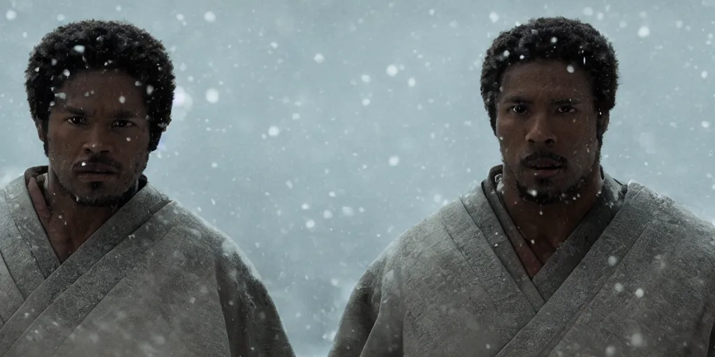 Image similar to a film still of a black man starring in a japanese blockbuster film as ancient samurai, fighting against alien creatures, snow, shallow depth of field, cinematic, award winning cgi, vfx, film still