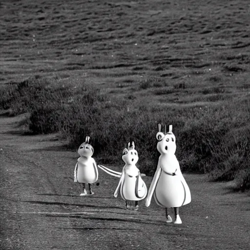 Prompt: Moomins caught on track cam, black and white