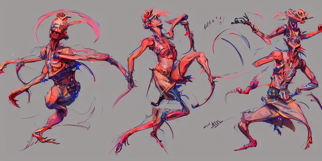 Image similar to cartoonish character dancing, vivid colors, character sheet, fine details, concept design, contrast, kim jung gi, greg rutkowski, trending on artstation, 8 k, full body, turnaround, front view, back view, ultra wide angle