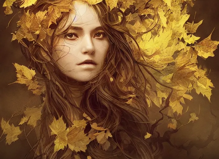 Image similar to golden leaves at frame border, creative!!! composition for a book cover!!!, absurdly beautiful, ultrafine hyperrealistic detailed old witch face by wlop and artgerm and greg rutkowski, intricate linework, sharp focus, smooth, octopath traveler, final fantasy, unreal engine, dramatic lighting, ethereal, 8 k