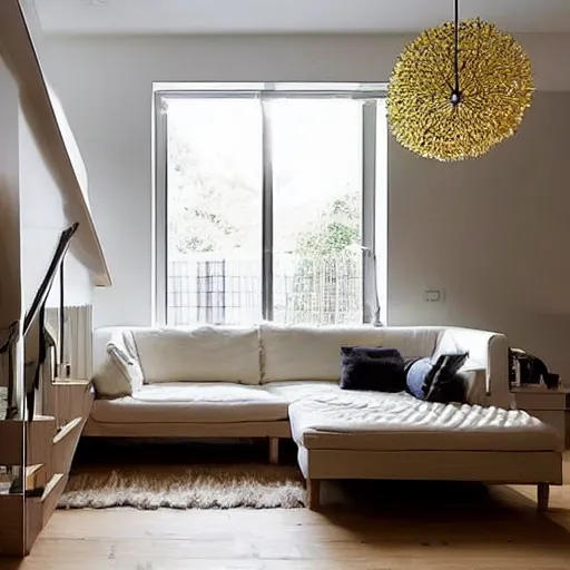 Image similar to Minimalistic Livingroom with a staircase, wooden floor, white L shaped couch, wooden coffee table, Big chandelier, Big Windows, Yellow Lights