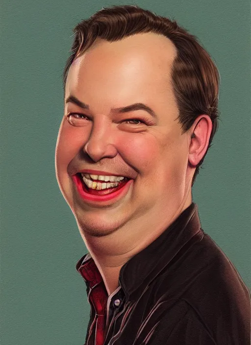 Image similar to portrait of laughing Rich Evans from Red Letter Media, highly detailed, centered, solid color background, digital painting, artstation, concept art, smooth, sharp focus, illustration, artgerm, donato giancola, Joseph Christian Leyendecker, Les Edwards, Ed Repka, WLOP