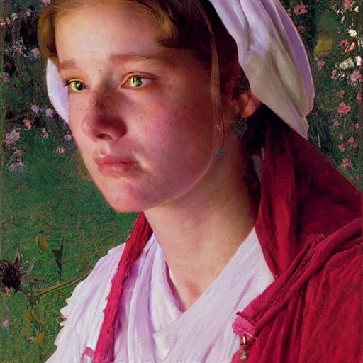 Image similar to a frontal portrait of a young priestess, dressed in white and pink, ( so happy, her face hurts ), by donato giancola and norman rockwell.