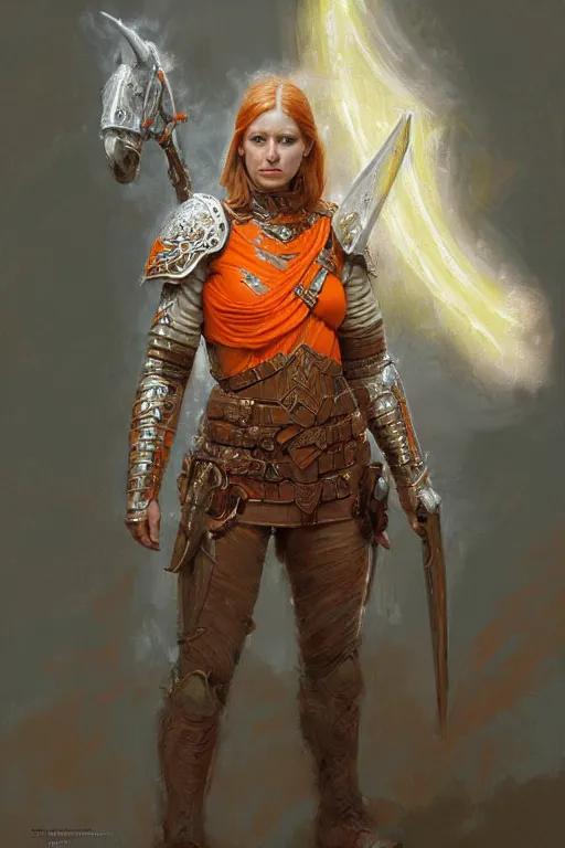 Image similar to full - body portrait of a ranger, female, white and orange breastplate, magical, high fantasy, d & d, by donato giancola, craig mullins, jeremy mann, face details, extremely detailed, digital illustration