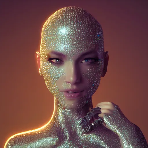 Prompt: full body detailed, ethereal, futuristic, covered in sparkling gems glowing, highly detailed face, elegant pose, intricate, extremy detailed, beeple, cgsociety, 3 d unreal engine octane render. cinematic lighting, highly detailed 4 k art
