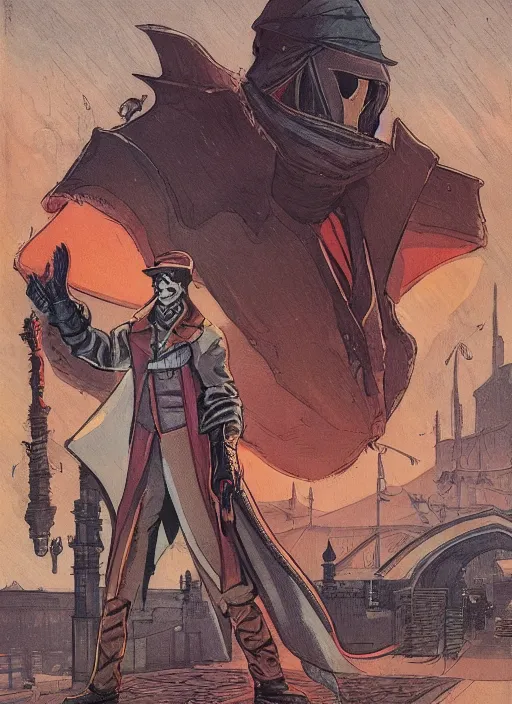 Image similar to a retrofuturism hunter from bloodborne in yharnam, style by retrofuturism, faded red and yelow, by malcolm smith, old comics in city, nicholas roerich