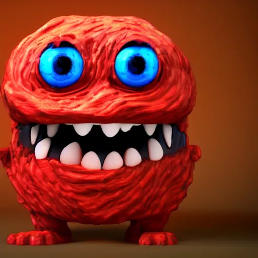 Image similar to a red monster made out of lava and fire with big cartoon eyes 3 d