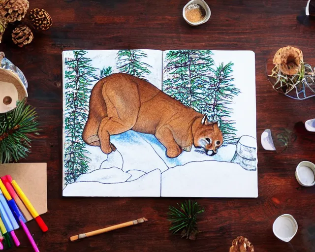 Image similar to unfinished colouring book showing 'a cougar sleeping in the middle of snowy pine tree' laying on coffee table, zoomed out shot, HD,