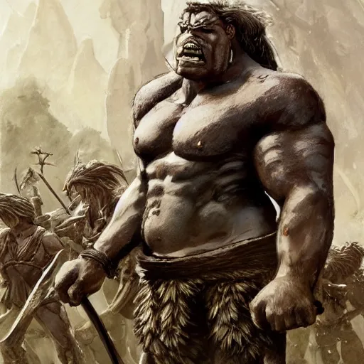 Image similar to extremely muscular ogre - like fierce warrior with tree - bark skin wearing stone and wood armor, determined expression, towering above a group of soldiers, battlefield, roleplaying game art, character design, by sargent, norman rockwell, makoto shinkai, kim jung giu, artstation trending
