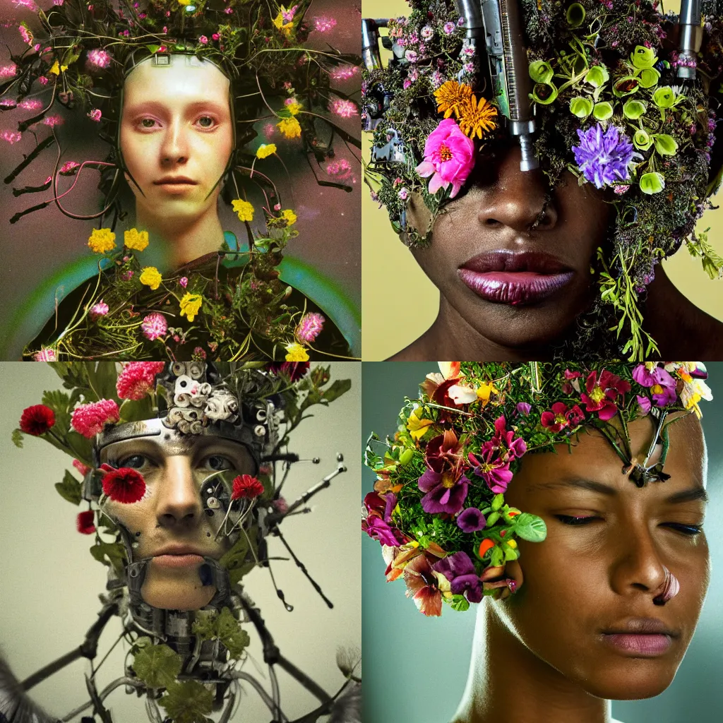 Prompt: close up portrait of a cyborg with flowers growing out of its head, photograph