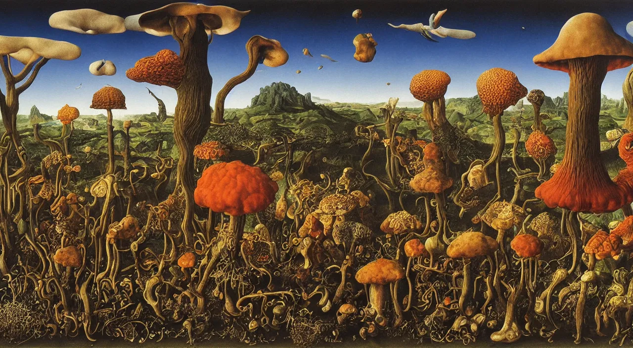 Prompt: a single surreal fungus clear! empty! sky, a high contrast!! ultradetailed photorealistic painting by jan van eyck, audubon, rene magritte, agnes pelton, max ernst, walton ford, andreas achenbach, ernst haeckel, hard lighting, masterpiece