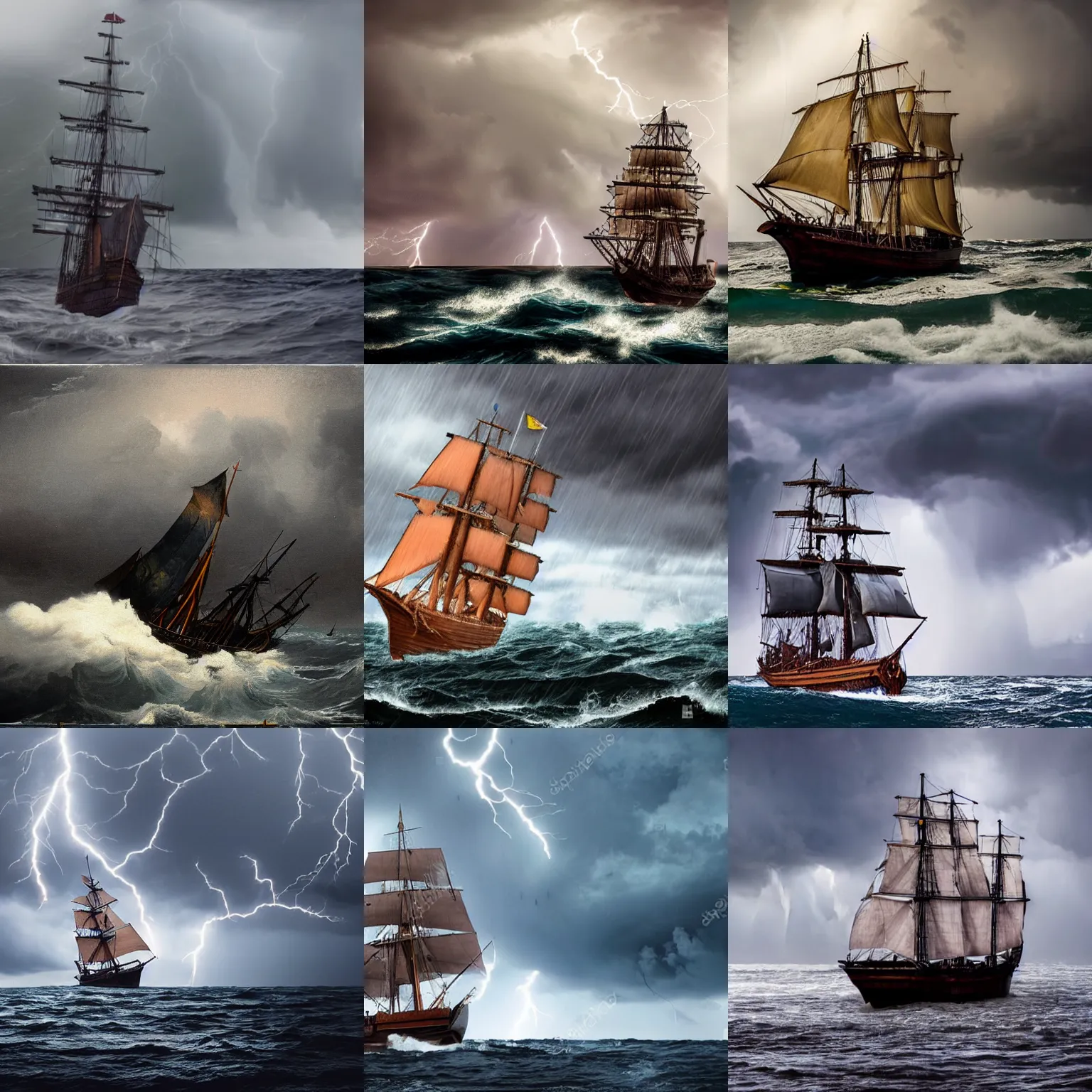 Prompt: A large, very old, wooden ship sailing across the ocean in the middle of a huge rain storm, with lots of dark clouds and lightning, very realistic.