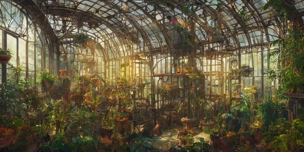 Prompt: steampunk greenhouse interior, colorful, 3 d scene, render, greg rutkowski, zabrocki, karlkka, jayison devadas, trending on artstation, 8 k, ultra wide angle, zenith view, pincushion lens effect