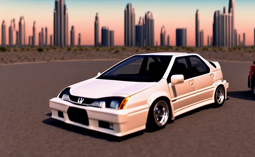 Image similar to photograph of a cell-shaded Honda EK9 Type-R car meet with anime girls, on a desert road with a futuristic city in the horizon, one point perspective, 1-point perspective, tilt shift, sigma 85mm f/1.4, 4k, depth of field, high resolution, 4k, 8k, hd, full color