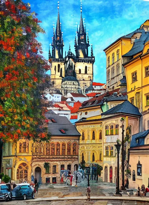 Image similar to painting of beautiful shot of Royal medieval European city like Prague mixed with Istanbul like Islamic architecture with greenery all around , autumn colors