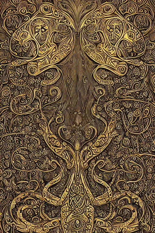 Image similar to an intricate background design with deep and intricate rune stones and rubies bursting flowers, and twisting intricate golden linework lovecraftian by dan mumford, atomic stars, digital art, photorealistic, highly detailed, intricate