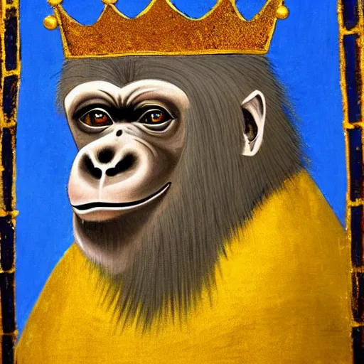 Image similar to medieval royal painting of a regal gorilla wearing a crown, 4 k, high resolution, still, landscape, hd, dslr, hyper realistic
