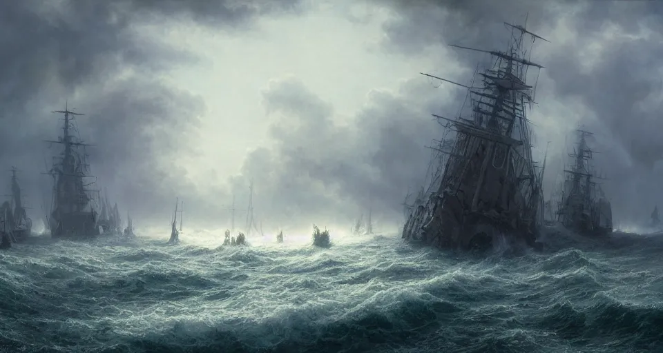 Image similar to giant enormous fierce sailing battleship, raging sea foggy, dramatic, action scene, stormy background, shipfleet on the horizon, high detail, greg rutkowski, james gurney, gene wolfe, gustave dore, jesper ejsing, rhads, makoto shinkai, ilya kuvshinov