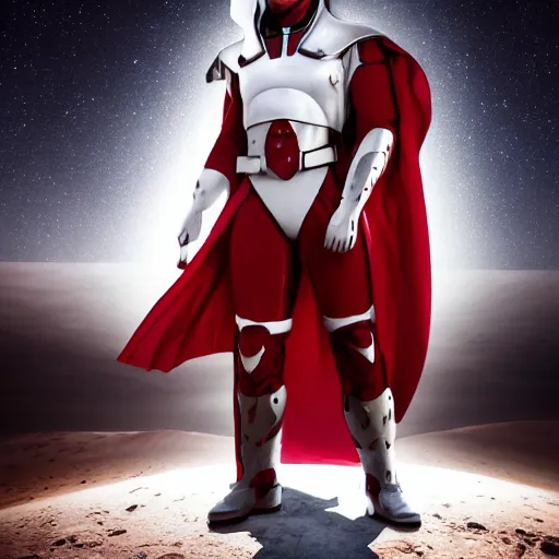 Image similar to portrait of a tall very muscular infantry man in glossy sleek white armor with tiny red details and a long red cape, heroic posture, on the surface of mars, night time, dramatic lighting, cinematic, sci-fi, hyperrealistic, movie still