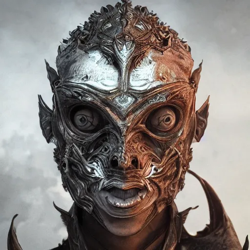 Image similar to Very very very very highly detailed epic photo of demonic face with venetian mask, intricate, dystopian, sci-fi, extremely detailed, digital painting, artstation, concept art, smooth, sharp focus, illustration, intimidating lighting, incredible art by Anton Pieck, Octane render in Maya and Houdini VFX