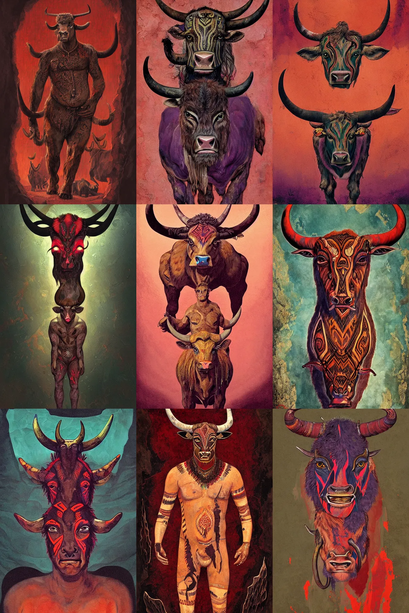 Prompt: a shaded painted full body illustration of a male minotaur with glowing tribal skin markings in a dark cave environment with a bovine head, painterly, detailed, art - deco, red and purple palette : : 0. 3 by conrad roset, nicola samuri, dino valls, m. w. kaluta, rule of thirds, beautiful