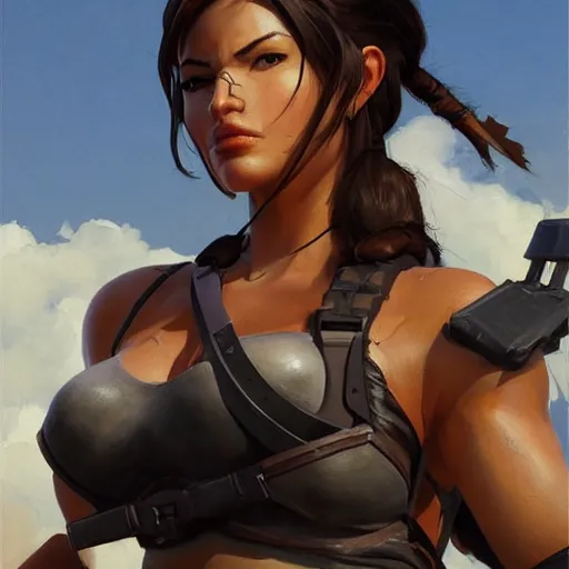 Image similar to greg manchess portrait painting of partially armored lara croft as overwatch character, close - up shot, asymmetrical, profile picture, organic painting, sunny day, matte painting, bold shapes, hard edges, street art, trending on artstation, by huang guangjian and gil elvgren and sachin teng