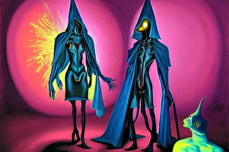 Image similar to a masterpiece painting in the laboratory of a technomancer wizard, in dazzle camouflaged robes, pointed hoods, he discusses sentience with his al djinn by remedios varo and anato finnstark and greg rutkowski and andy warhol and francis picabia. dayglo pink blue, prismatic, pearlescent, raven black, glowing, hyperrealism, trending on artstation