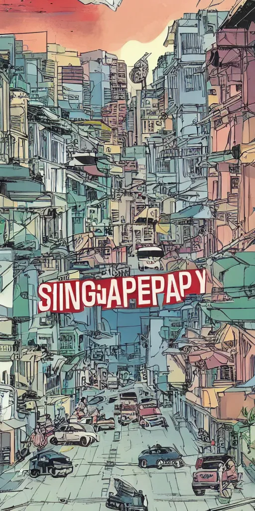 Prompt: singapore city streets, escaped lions, graphic novel