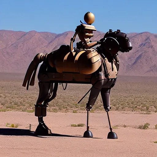 Prompt: A dieselpunk robot riding a mechanical horse through the Arizona desert