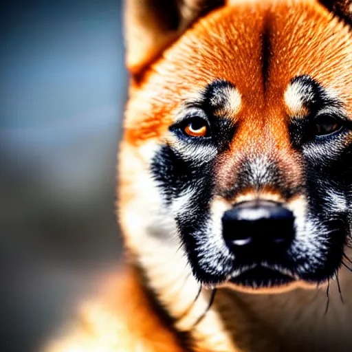 Image similar to Close up of a shiba inu, photo realistic, dramatic lighting, Nat Geo award winner, 100mm lens, bokeh