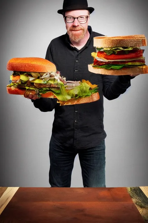 Prompt: 📷 portrait of adam savage the sandwich, made of food, still image, dynamic lighting, 4 k