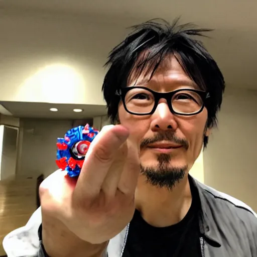 Image similar to Hideo Kojima holding a beyblade in his hand